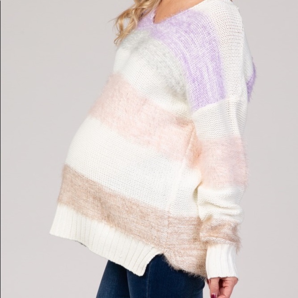Cream Fuzzy Striped Hi-Low Maternity Sweater